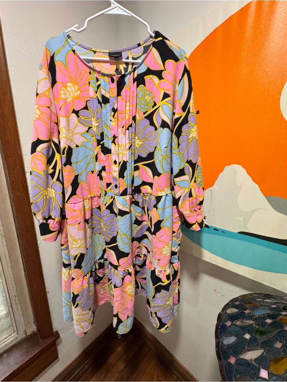 Who What Wear Black Floral Tiered Dress with Pink, Blue & Yellow Flowers